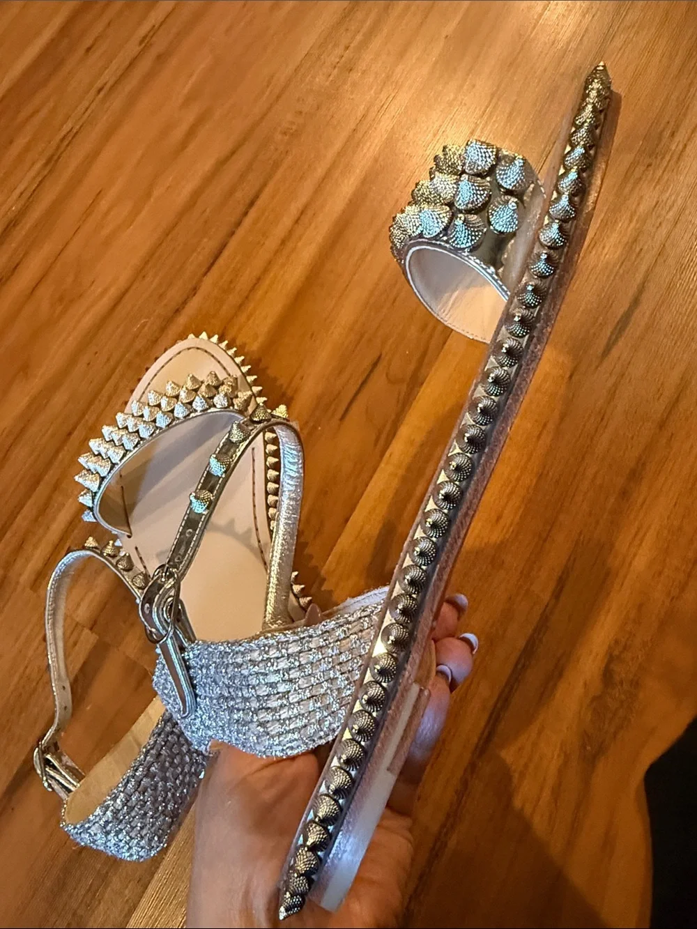 Christian Louboutin Silver Studded Leather Ankle-Strap Sandals size 40